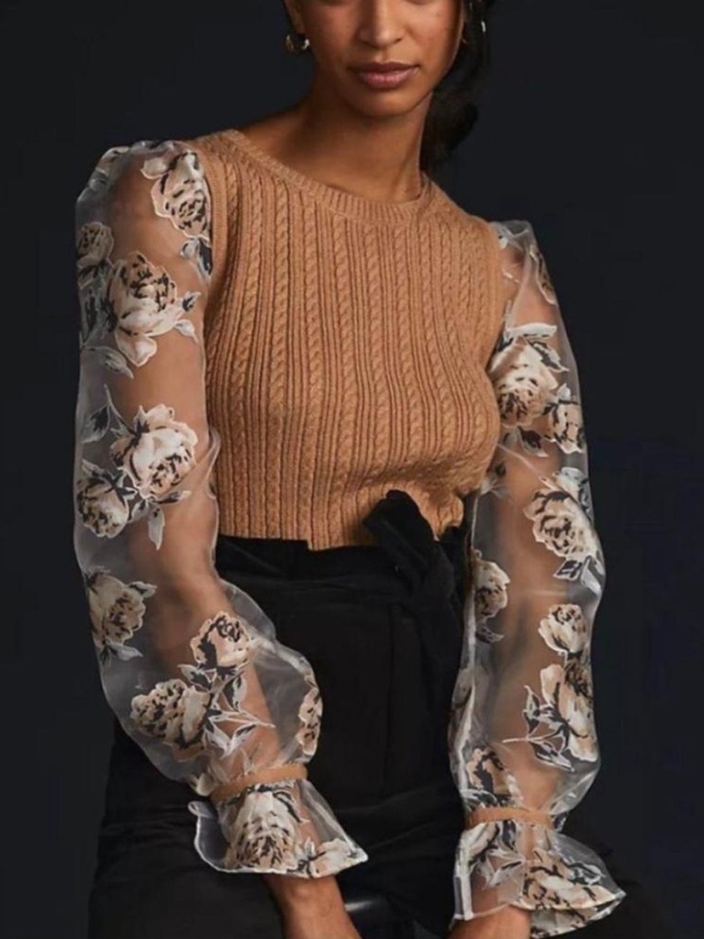 NWT Maeve Contrast Sleeve Cableknit Vest with Sheer Floral Sleeves size S